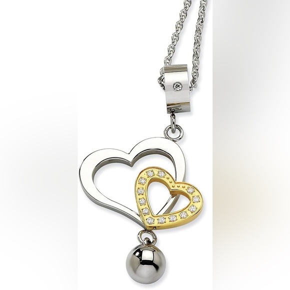 ⭐️ Chisel Stainless Steel, Gold Tone and CZ Double Heart Necklace - 22 Inch - Picture 3 of 9